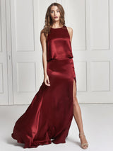 Red silk top and skirt