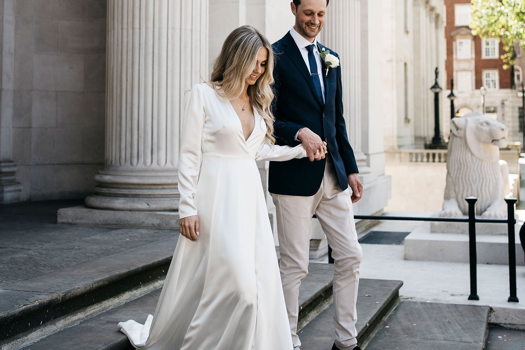 Our bride Charlotte wearing our beautiful Olsen Silk Wedding Dress at her wedding at Marylebone Town Hall