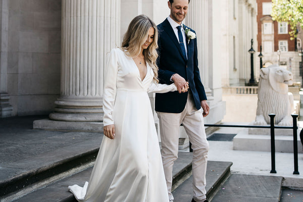 Our bride Charlotte wearing our beautiful Olsen Silk Wedding Dress at her wedding at Marylebone Town Hall