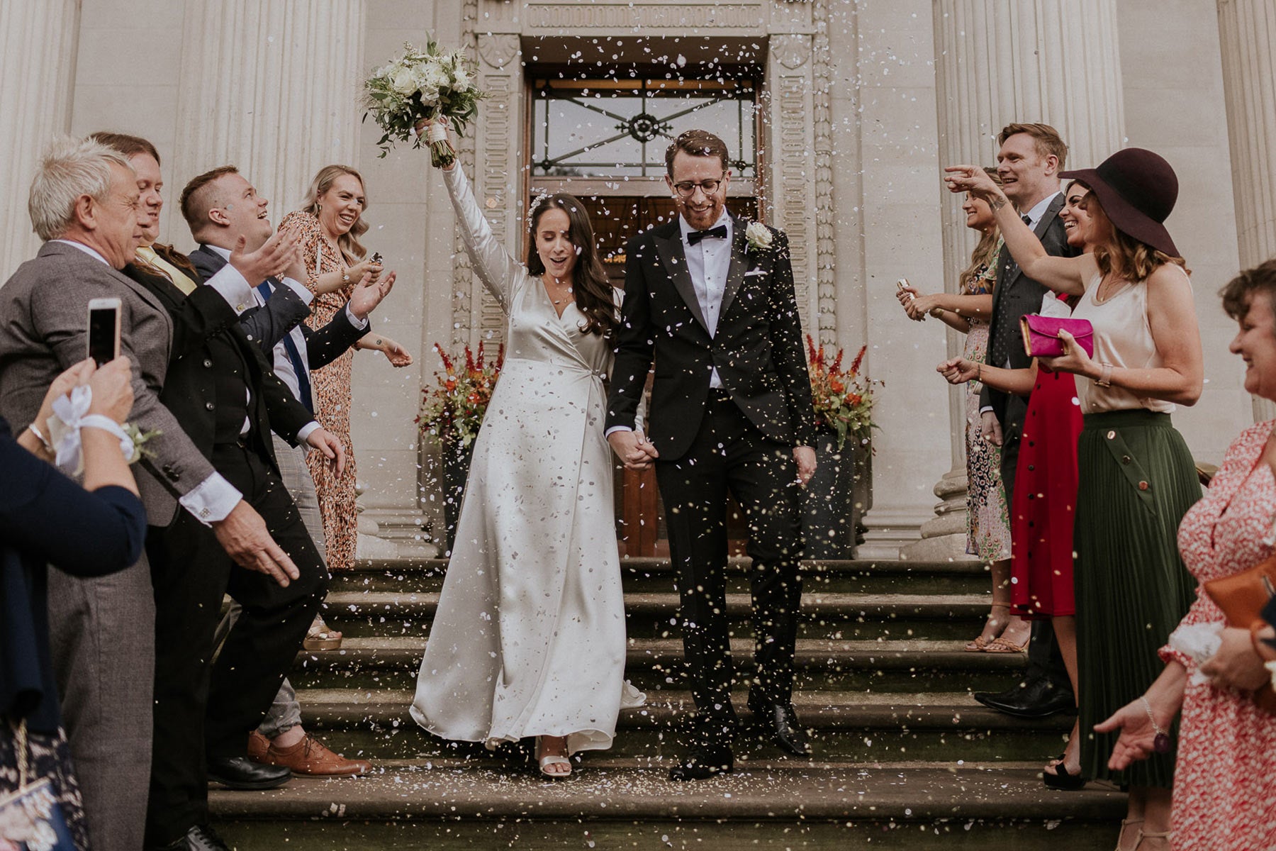 Bride Becky wearing our silk Olsen Wedding Dress
