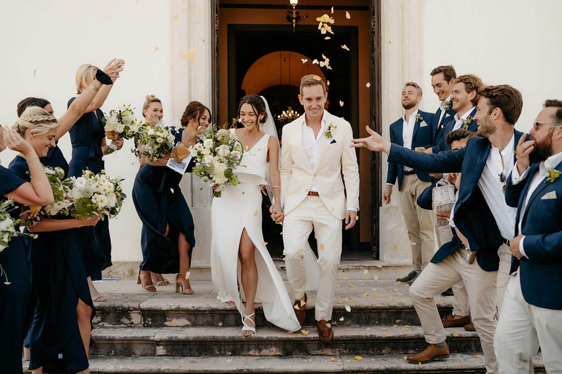 Bride Josie wearing our Rosie skirt and top set
