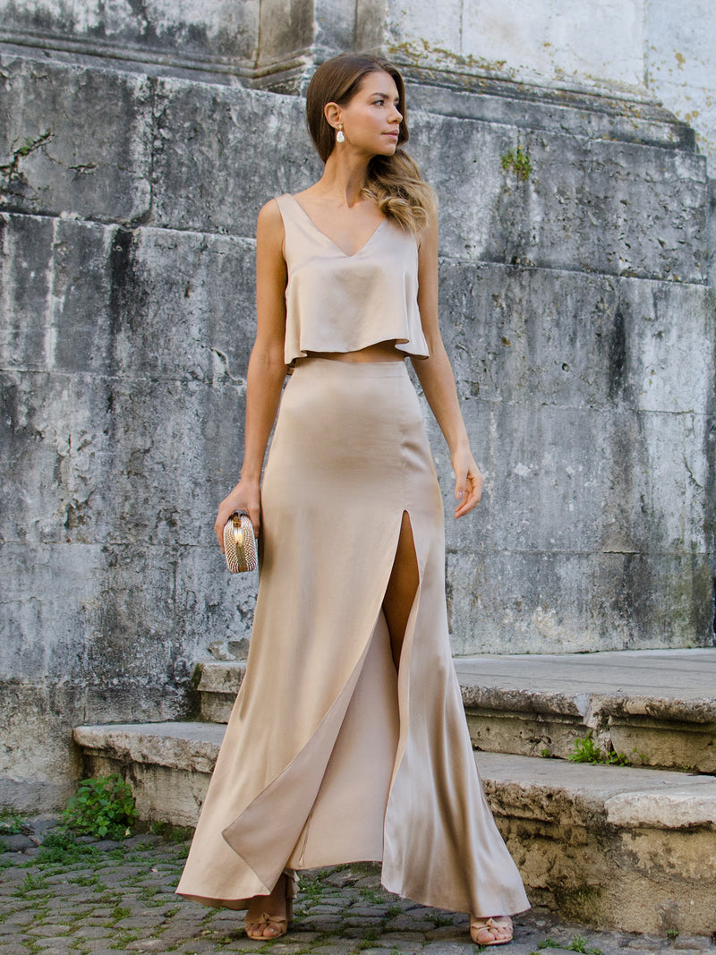 Alma champagne silk skirt & top set