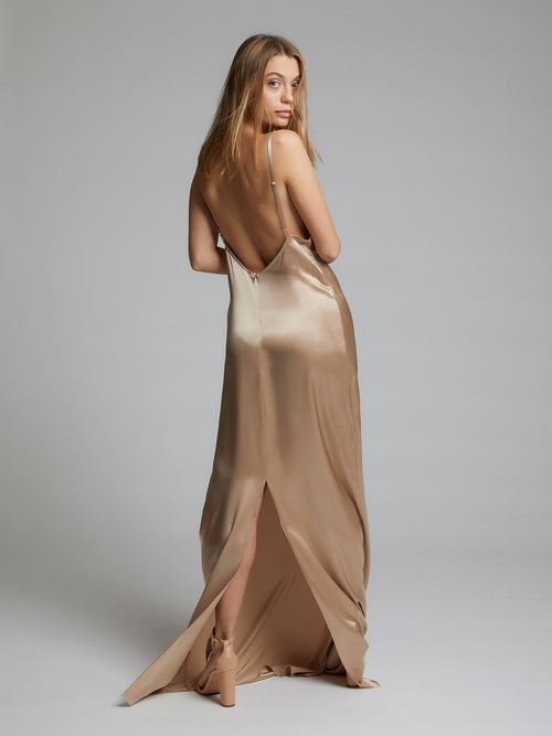 Heloise Agostinelli wearing the Charlotte Champagne Silk Dress