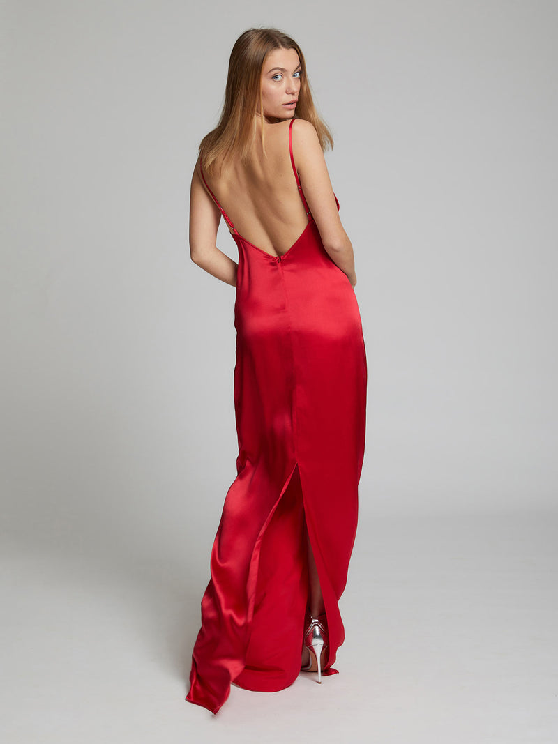 The back view of the Charlotte silk slip dress in red