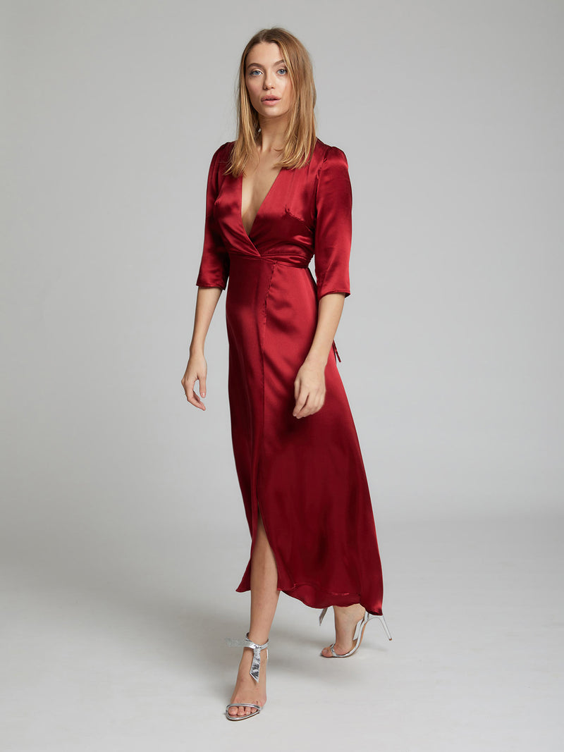 The Diana evening and occasion dress in deep red made from 100% silk