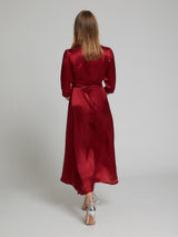The Diana evening and occasion dress in deep red made from 100% silk. Back view.