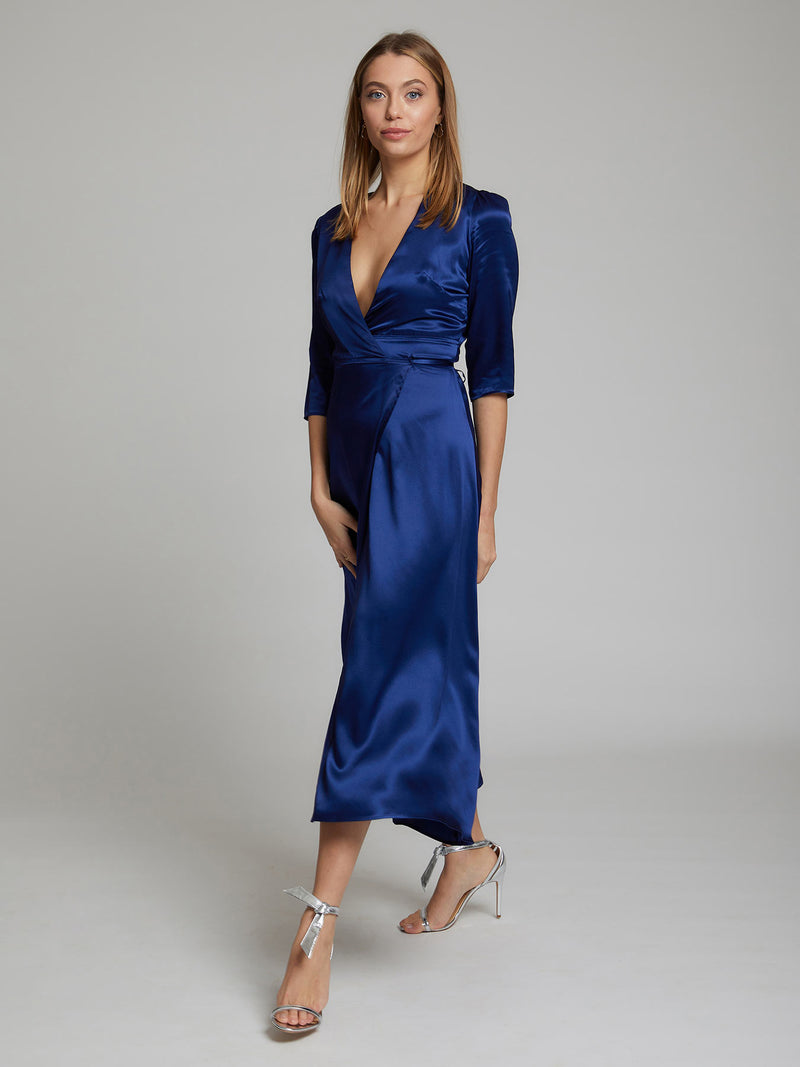 The Diana midi silk dress in blue worn by Heloise Agostinelli