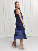 The Eve midi silk skirt and top set in blue worn by Heloise Agostinelli