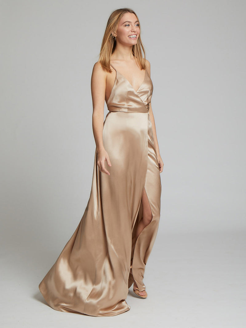 The Grace champagne silk bridesmaid dress worn by Heloise Agostinelli