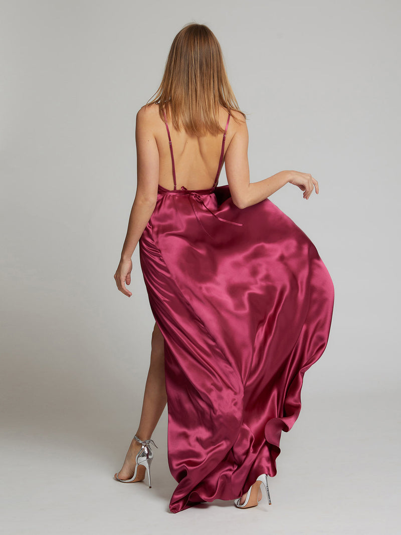 The Grace silk dress in deep pink worn by Heloise Agostinelli