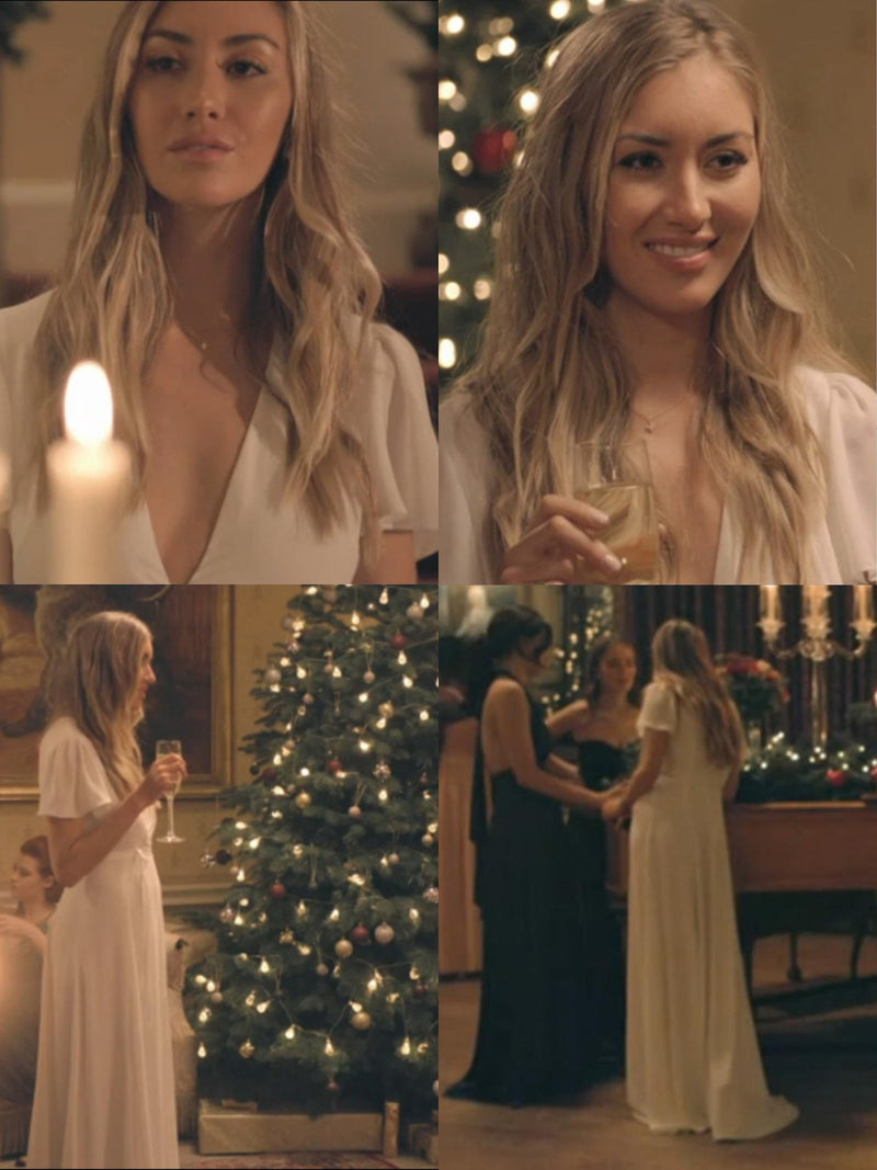 Sophie 'Habbs' Habboo on Made in Chelsea wearing the Jeanne white wrap dress from London designer Constellation Âme.