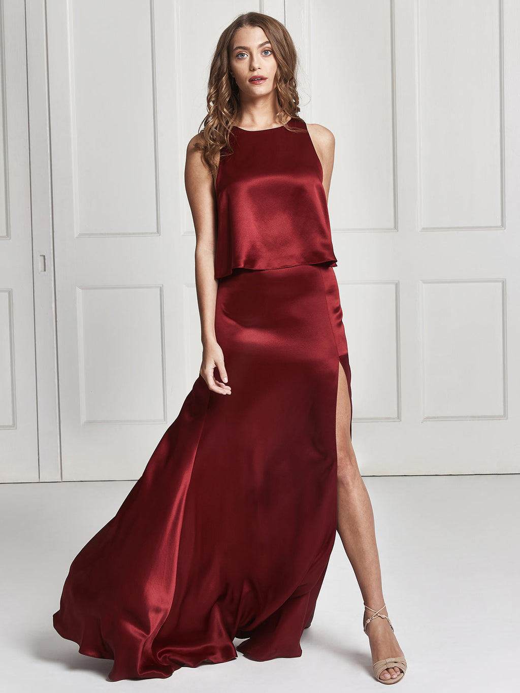 Red silk top and skirt