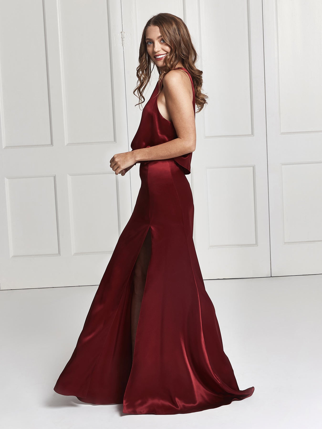 Red silk top and skirt