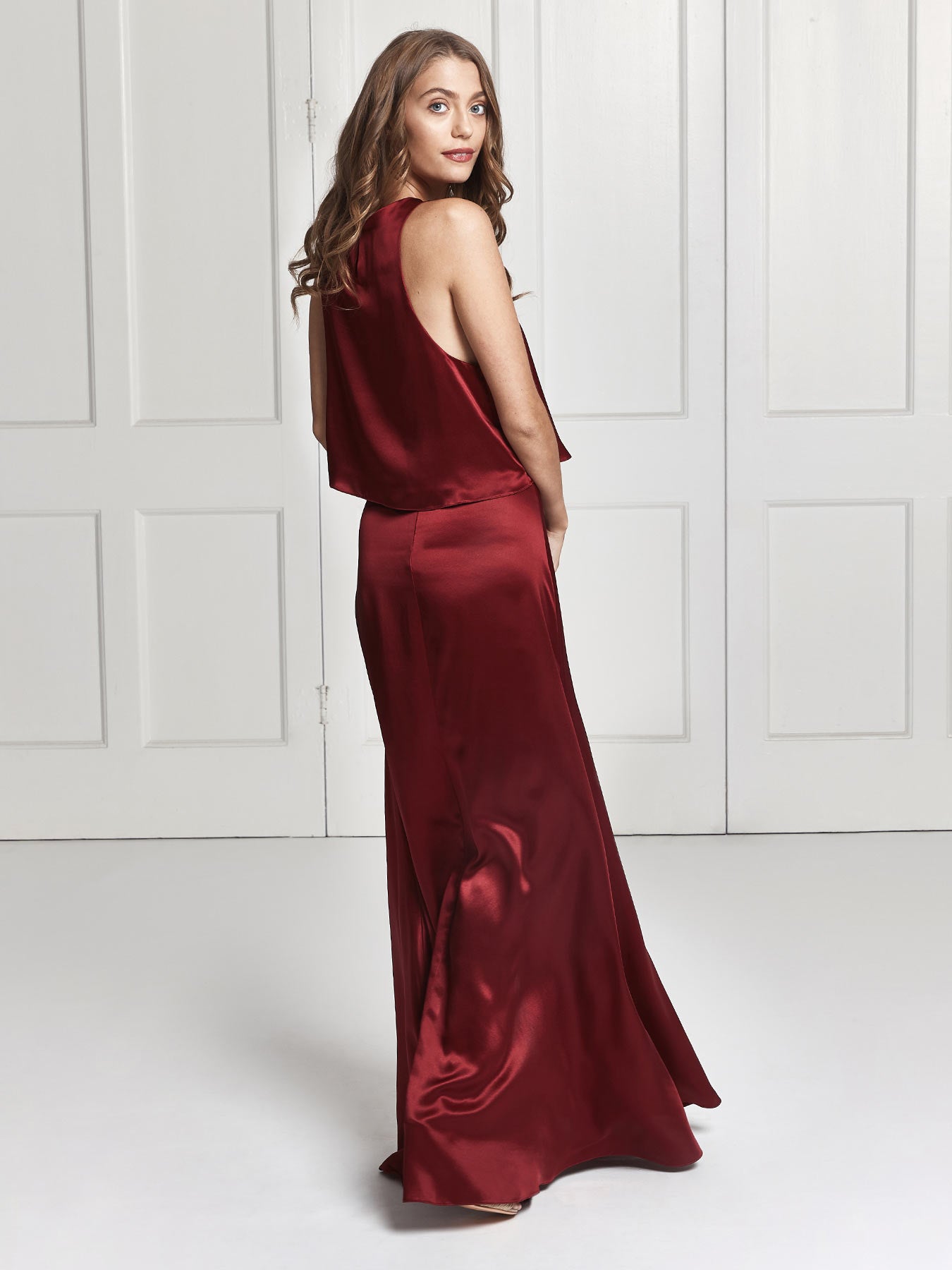 top and skirt bridesmaid dresses B223053 Poly Chiffon Pleated Halter Floor Length Bridesmaid Dress with Beaded Neckline and Gathered Skirt