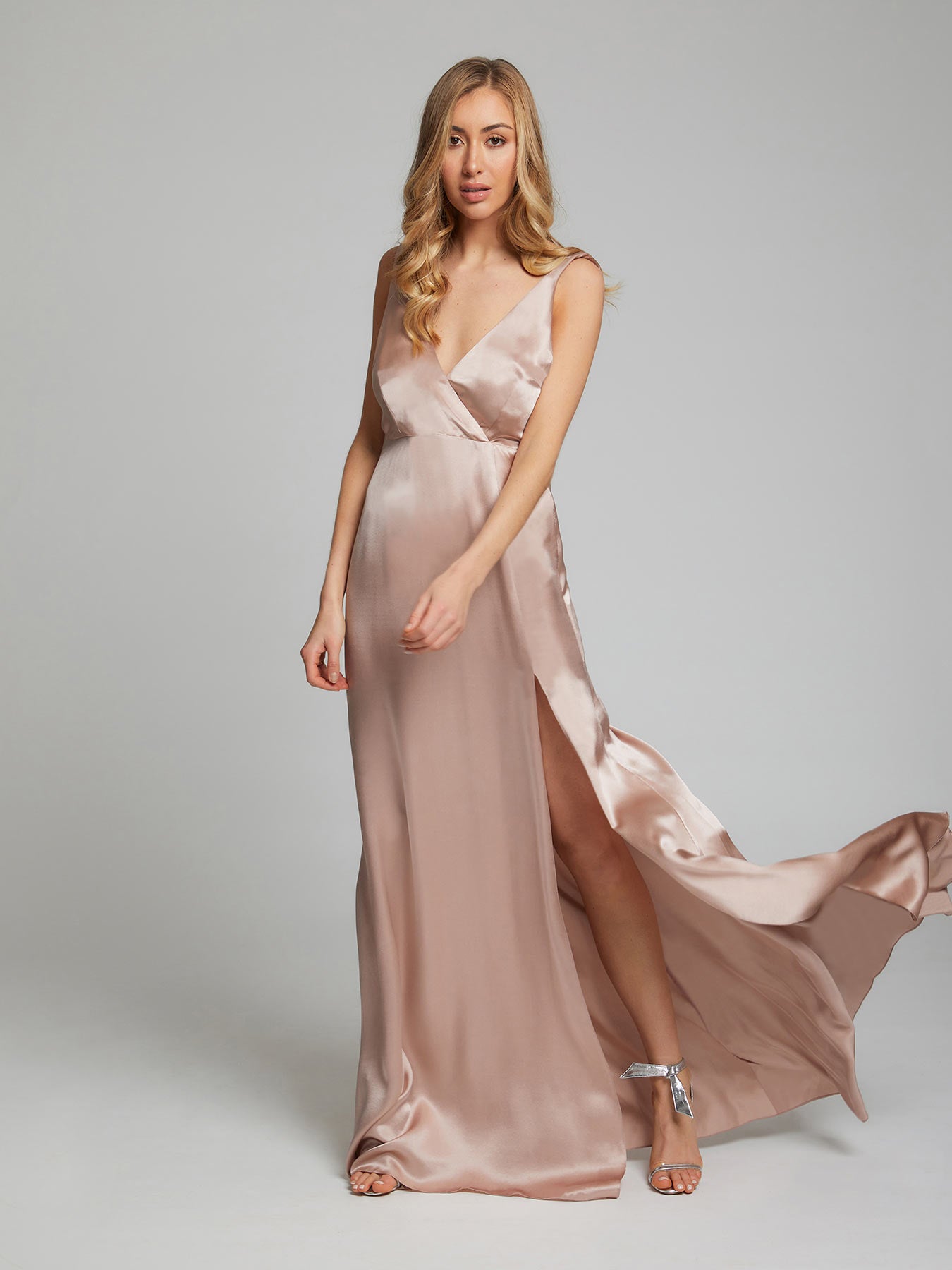 The Romee silk dress in blush pink, worn by Sophie Habboo