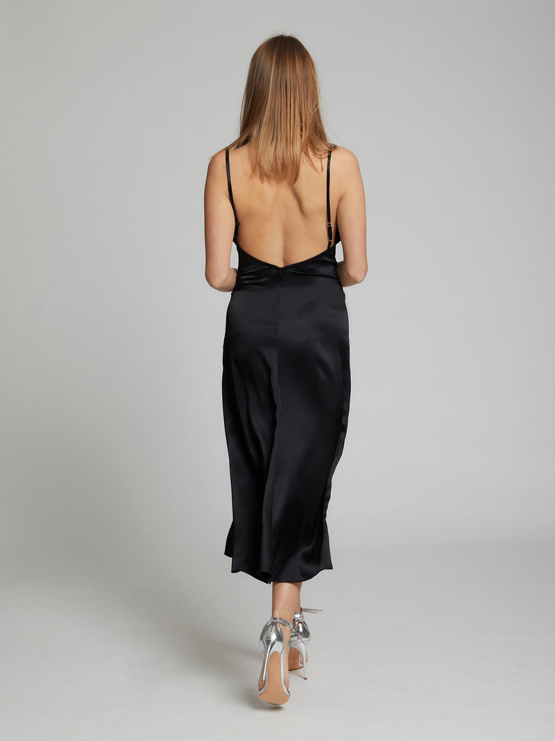 Selah black midi silk slip dress by London designer Constellation Âme