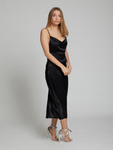 Selah black midi silk slip dress by London designer Constellation Âme