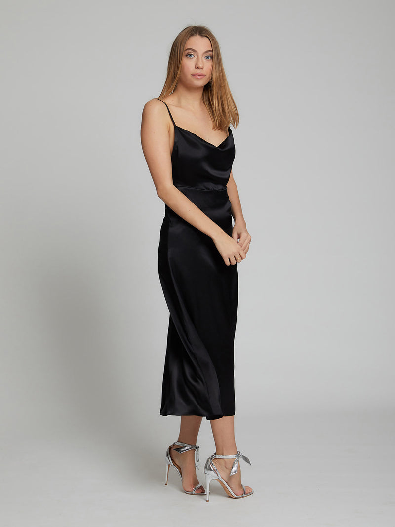 Selah black midi silk slip dress by London designer Constellation Âme