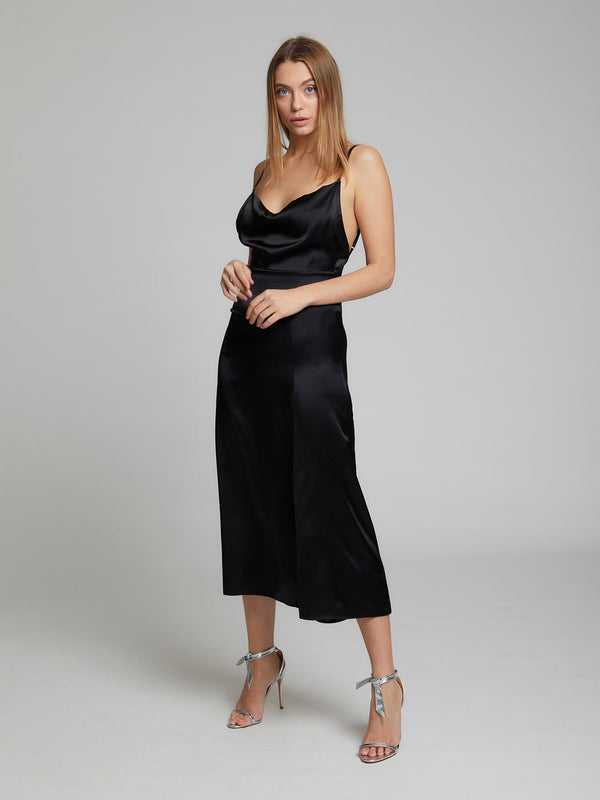 Selah black midi silk slip dress by London designer Constellation Âme