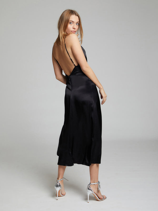 Selah black midi silk slip dress by London designer Constellation Âme