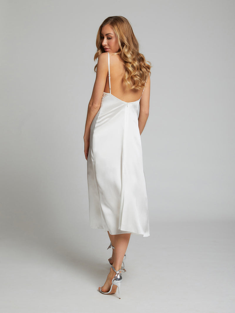 Selah white midi silk slip dress by London designer Constellation Âme